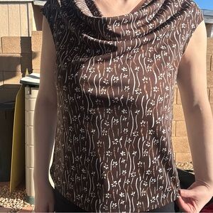 Axcess Brown Floral Patterned cowl neck Top